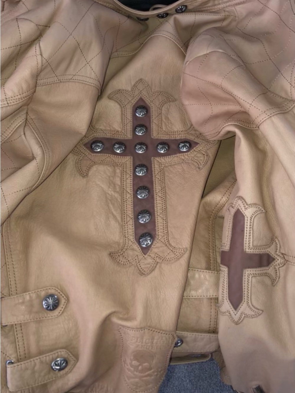 Affliction Tan Leather Bomber Jacket with Studded Cross Appliqués